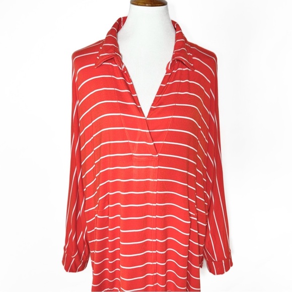 Free People Orange Stripe Dolman Sleeve Surplice V Neck Knit Relaxed Tunic Top L - Picture 9 of 12